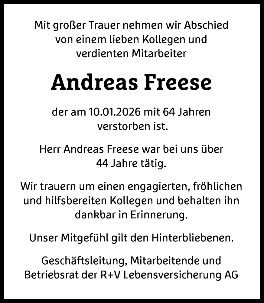  Traueranzeige für Andreas Freese vom 24.01.2026 aus Wiesbadener Kurier