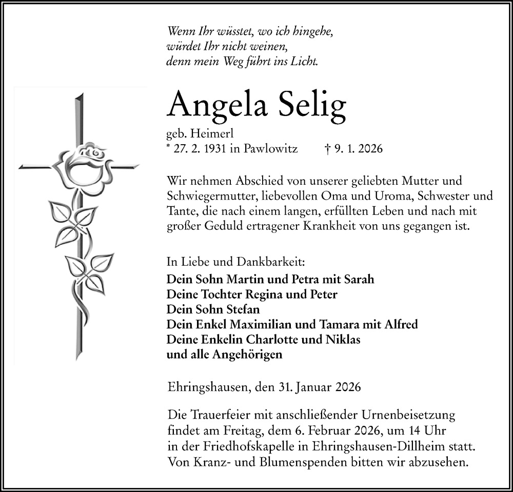  Traueranzeige für Angela Selig vom 31.01.2026 aus Wetzlarer Neue Zeitung