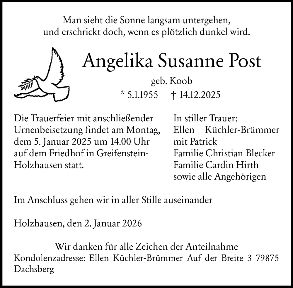  Traueranzeige für Angelika Susanne Post vom 02.01.2026 aus Wetzlarer Neue Zeitung