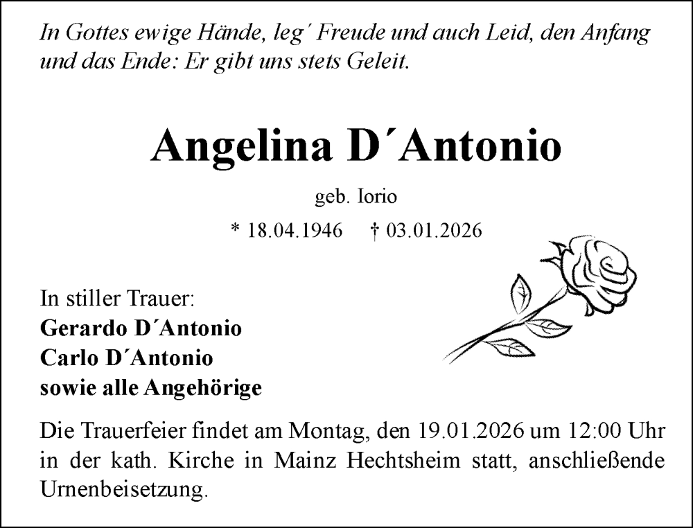  Traueranzeige für Angelina DAntonio vom 14.01.2026 aus Allgemeine Zeitung Mainz