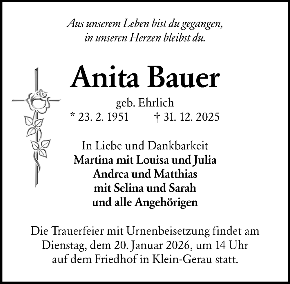  Traueranzeige für Anita Bauer vom 17.01.2026 aus Groß-Gerauer Echo