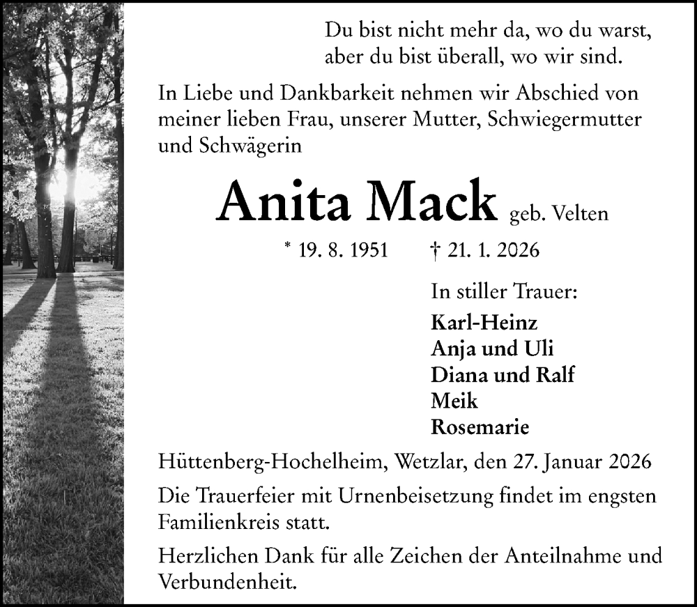  Traueranzeige für Anita Mack vom 27.01.2026 aus Wetzlarer Neue Zeitung