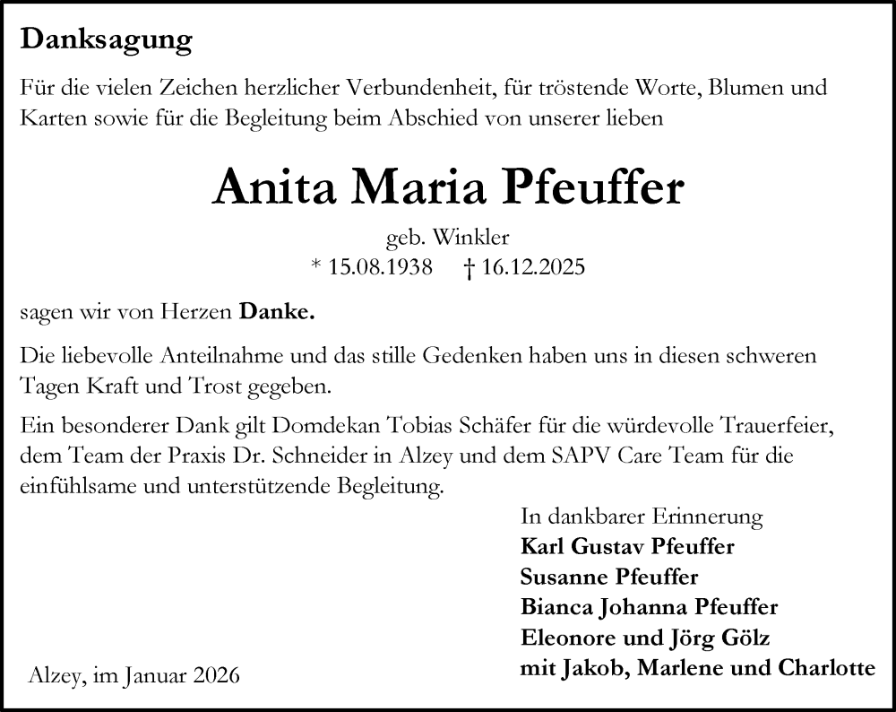  Traueranzeige für Anita Maria Pfeuffer vom 31.01.2026 aus Allgemeine Zeitung Alzey