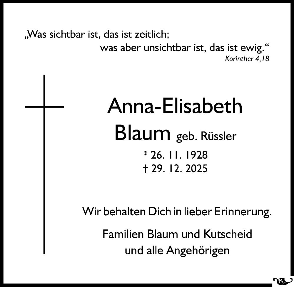  Traueranzeige für Anna-Elisabeth Blaum vom 10.01.2026 aus Allgemeine Zeitung Mainz