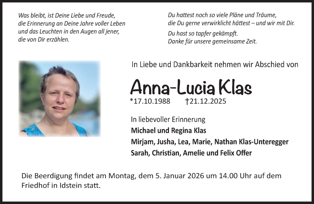  Traueranzeige für Anna-Lucia Klas vom 03.01.2026 aus Idsteiner Land/Untertaunus