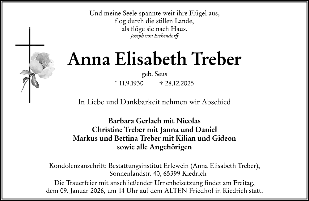  Traueranzeige für Anna Elisabeth Treber vom 06.01.2026 aus Rheingau Kurier