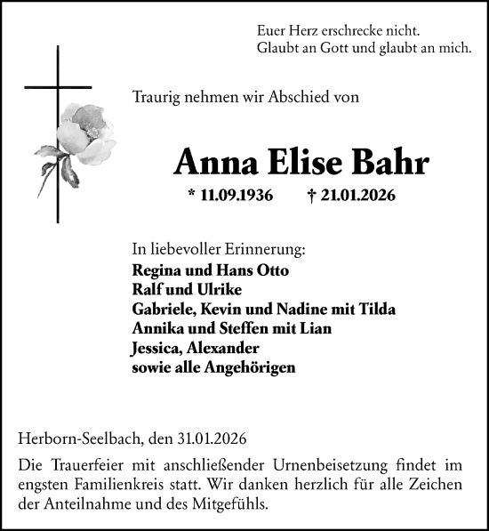 Traueranzeige von Anna Elise Bahr von Dill Block