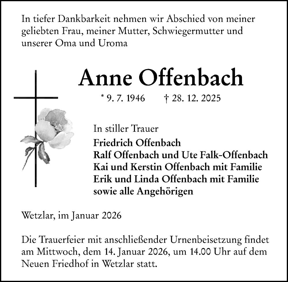  Traueranzeige für Anne Offenbach vom 10.01.2026 aus Wetzlarer Neue Zeitung