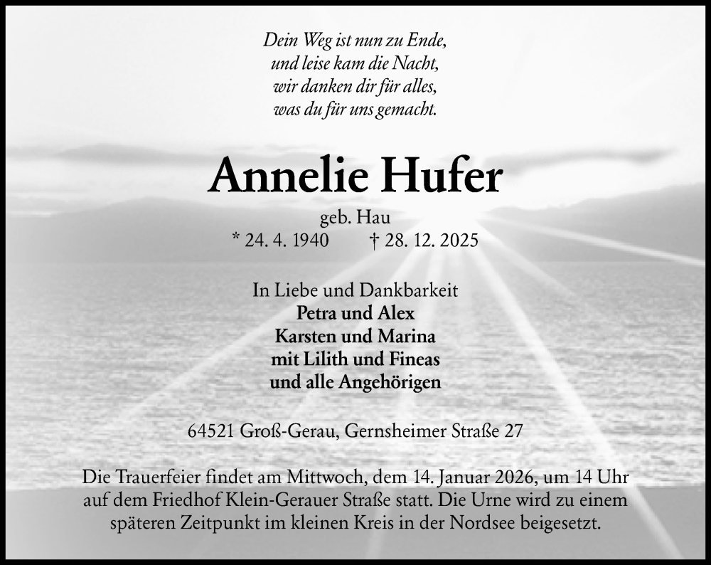  Traueranzeige für Annelie Hufer vom 10.01.2026 aus Groß-Gerauer Echo