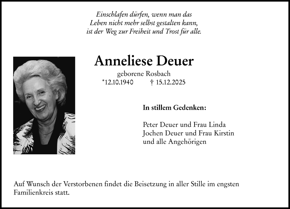  Traueranzeige für Anneliese Deuer vom 17.01.2026 aus Allgemeine Zeitung Mainz