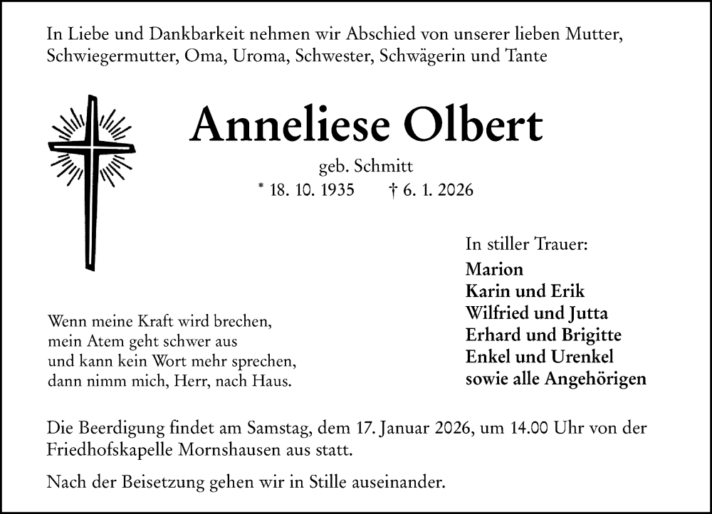  Traueranzeige für Anneliese Olbert vom 14.01.2026 aus Hinterländer Anzeiger