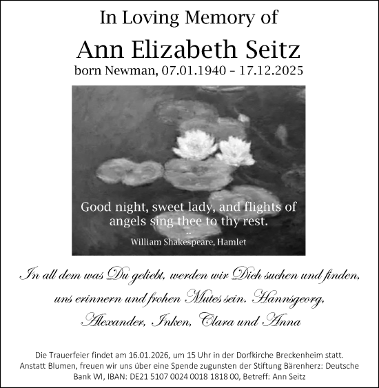 Traueranzeige von Ann Elizabeth Seitz von Wiesbadener Kurier