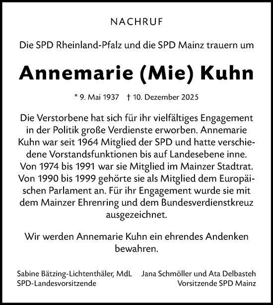 Traueranzeige von Annemarie Kuhn von Allgemeine Zeitung Mainz
