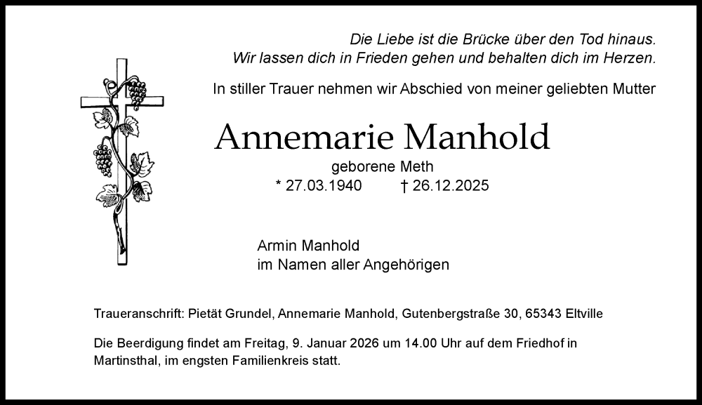  Traueranzeige für Annemarie Manhold vom 03.01.2026 aus Wiesbadener Kurier
