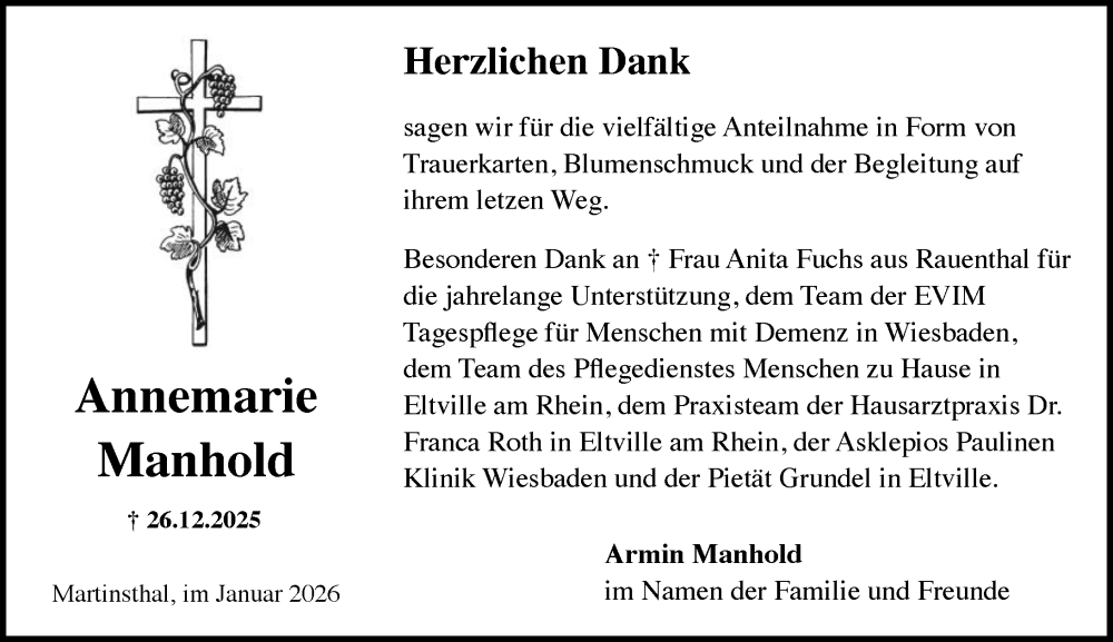  Traueranzeige für Annemarie Manhold vom 31.01.2026 aus Rheingau Kurier
