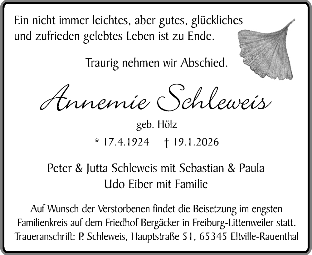 Traueranzeige für Annemie Schleweis vom 31.01.2026 aus Wiesbadener Kurier