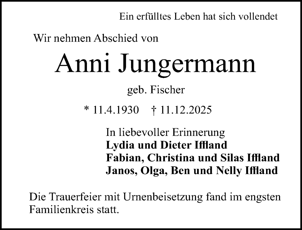  Traueranzeige für Anni Jungermann vom 17.01.2026 aus Darmstädter Echo