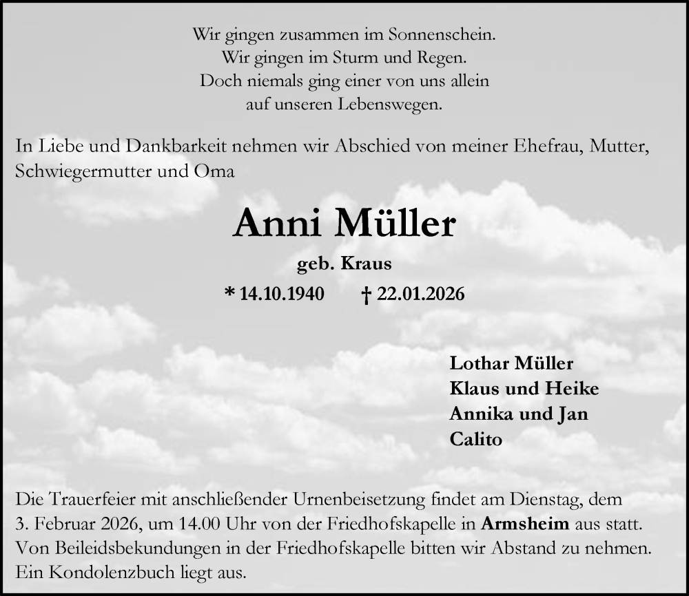  Traueranzeige für Anni Müller vom 24.01.2026 aus Allgemeine Zeitung Alzey
