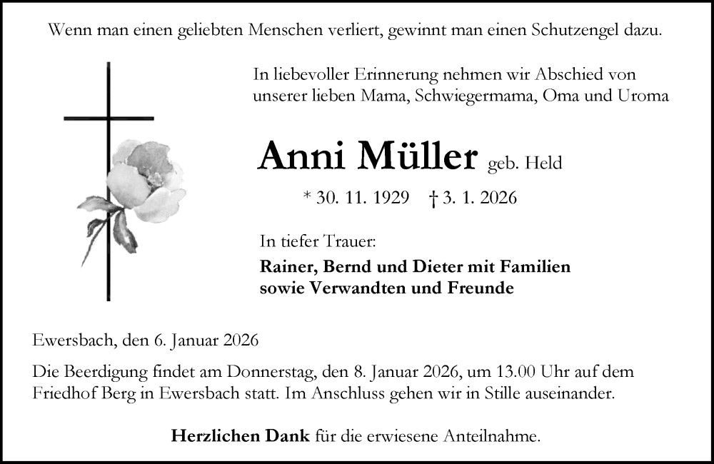  Traueranzeige für Anni Müller vom 06.01.2026 aus Dill Block