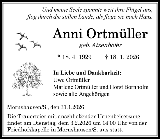 Traueranzeige von Anni Ortmüller von Hinterländer Anzeiger