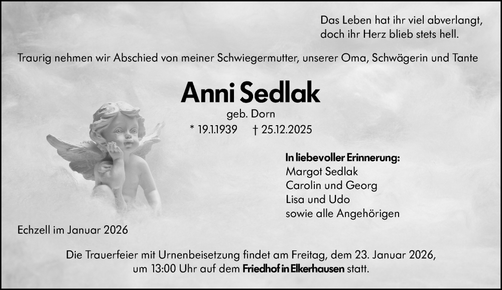 Traueranzeige für Anni Sedlak vom 17.01.2026 aus Weilburger Tageblatt