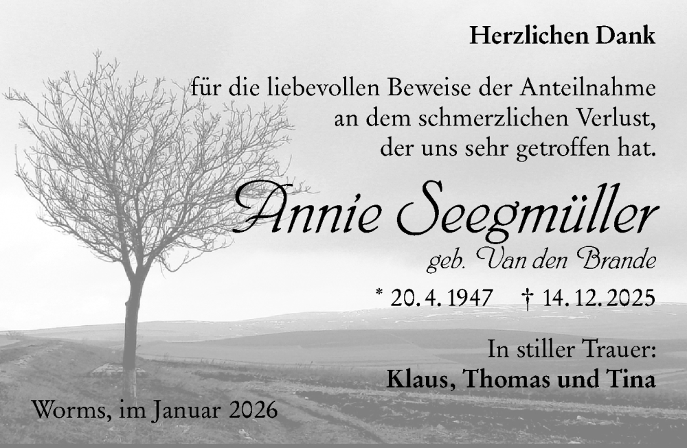  Traueranzeige für Annie Seegmüller vom 24.01.2026 aus Wormser Zeitung