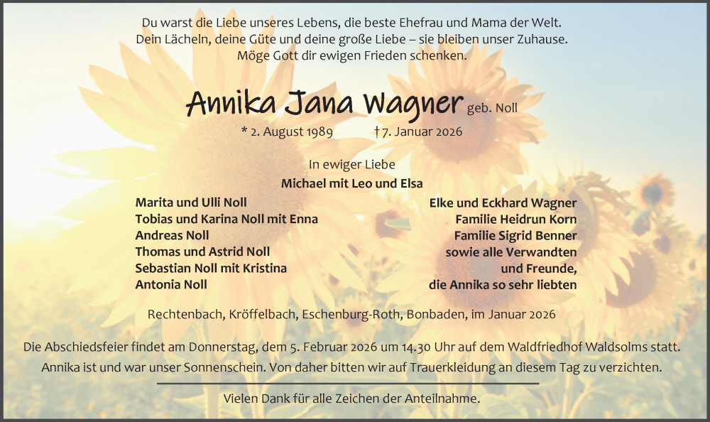  Traueranzeige für Annika Jana Wagner vom 31.01.2026 aus Dill Block