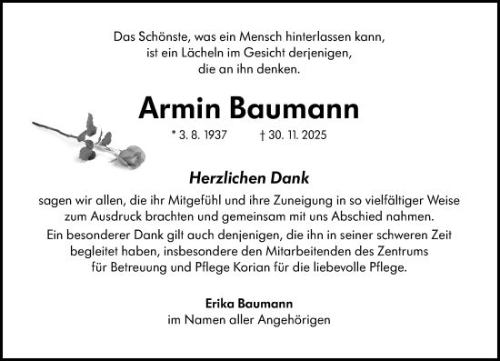 Traueranzeige von Armin Baumann von Allgemeine Zeitung Mainz