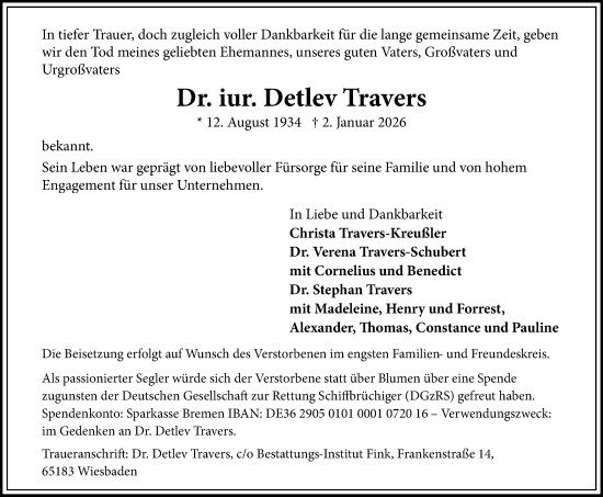 Traueranzeige von Detlev Travers 