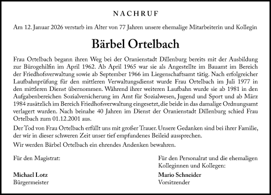 Traueranzeige von Bärbel Ortelbach von Dill Block