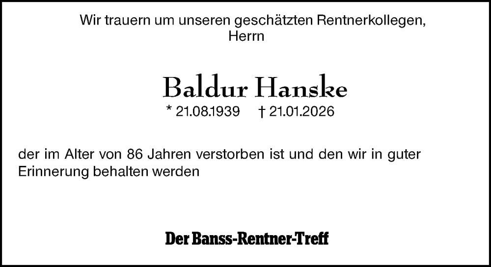  Traueranzeige für Baldur Hanske vom 29.01.2026 aus Hinterländer Anzeiger