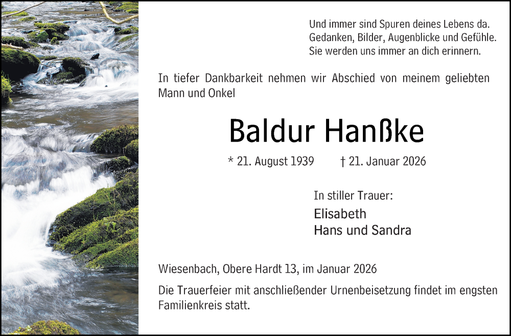  Traueranzeige für Baldur Hanßke vom 24.01.2026 aus Hinterländer Anzeiger