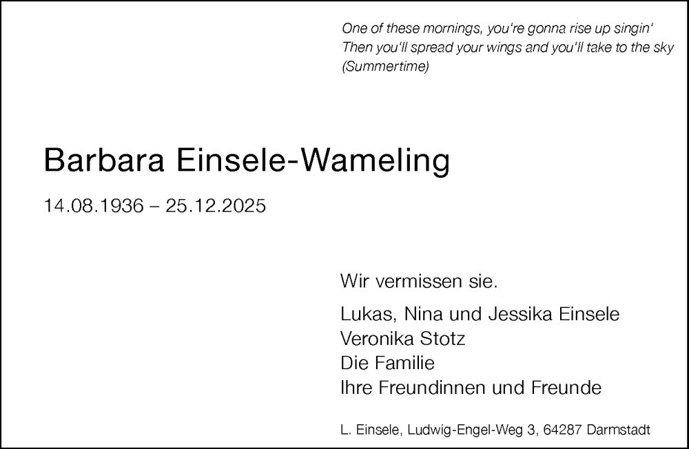  Traueranzeige für Barbara Einsele-Wameling vom 10.01.2026 aus Darmstädter Echo