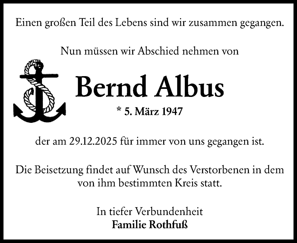  Traueranzeige für Bernd Albus vom 31.01.2026 aus Rheingau-Taunus-Kreis Wochenblatt