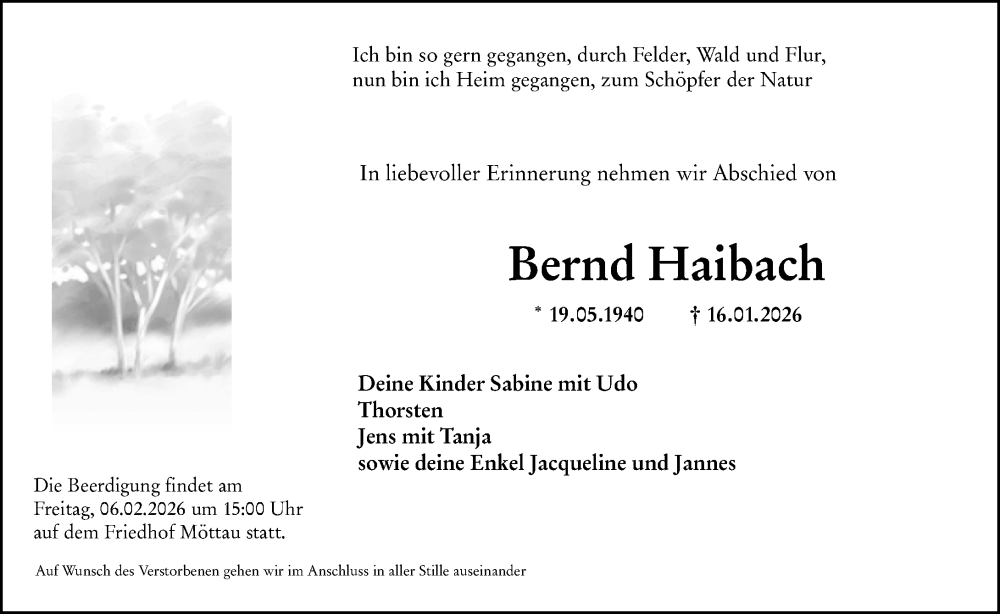  Traueranzeige für Bernd Haibach vom 31.01.2026 aus Weilburger Tageblatt