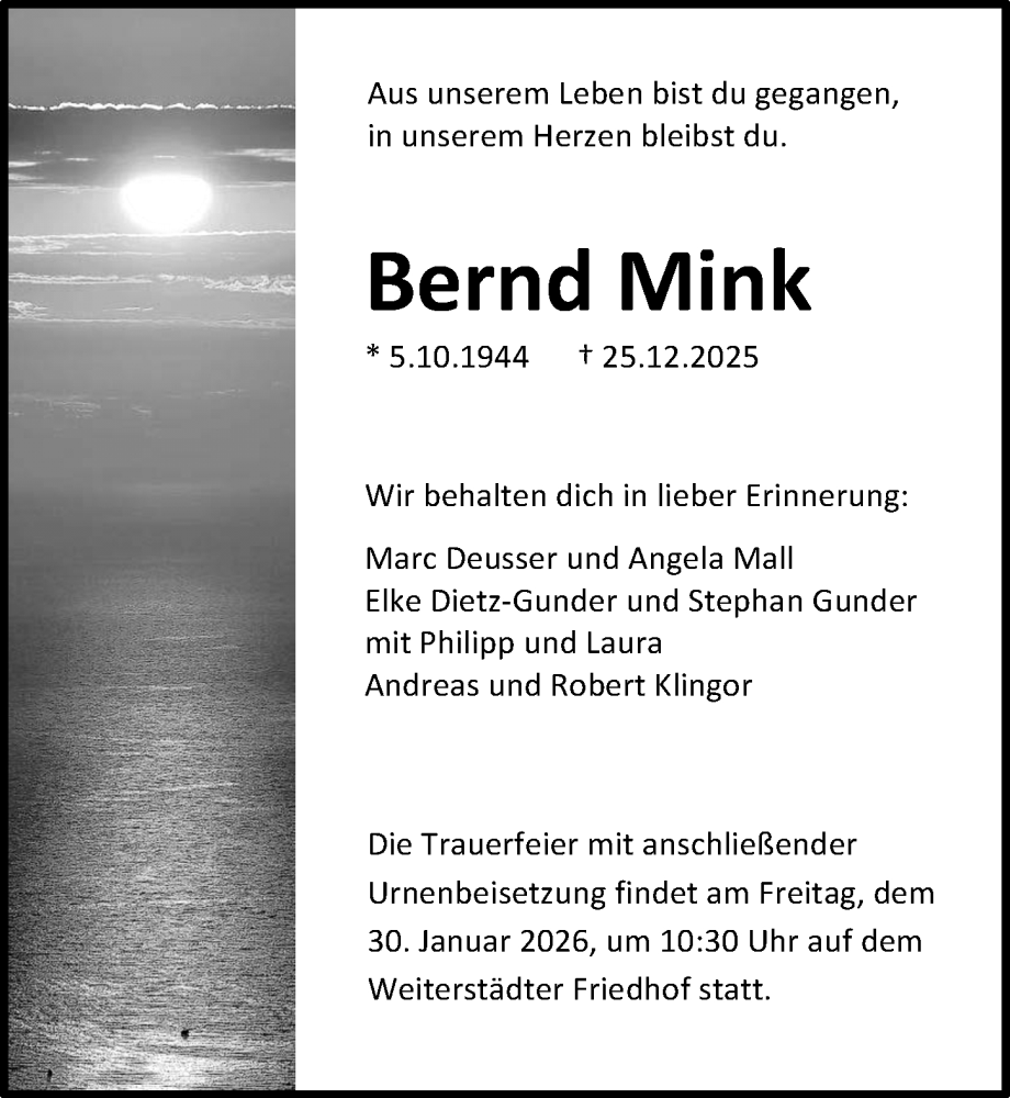  Traueranzeige für Bernd Mink vom 17.01.2026 aus Darmstädter Echo