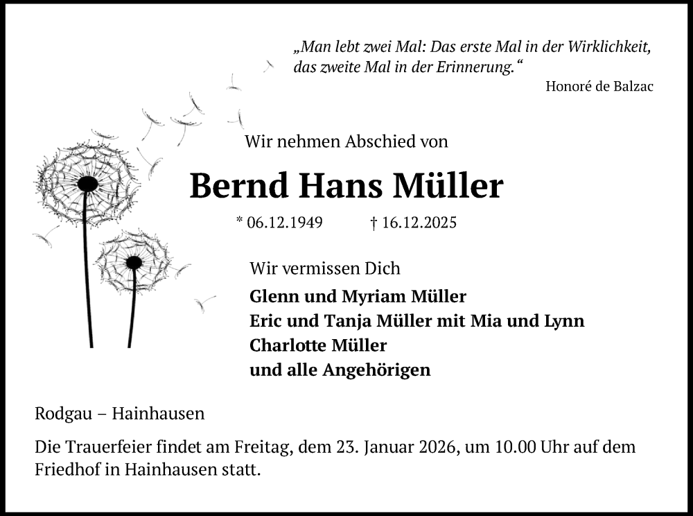  Traueranzeige für Bernd Hans Müller vom 17.01.2026 aus Groß-Gerauer Echo