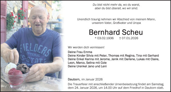 Traueranzeige von Bernhard Scheu von Camberger Anzeiger