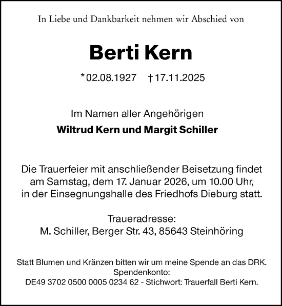 Traueranzeige von Berti Kern von Dieburger Anzeiger/Groß-Zimmerner Lokal-Anzeiger