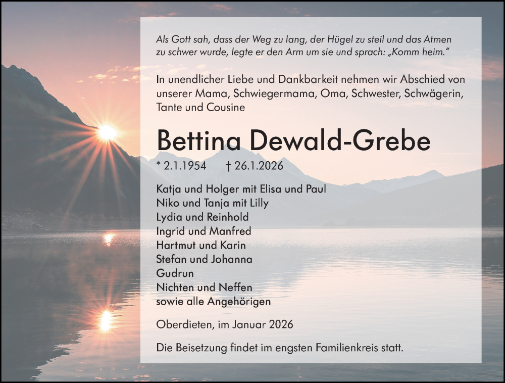  Traueranzeige für Bettina Dewald-Grebe vom 31.01.2026 aus Hinterländer Anzeiger