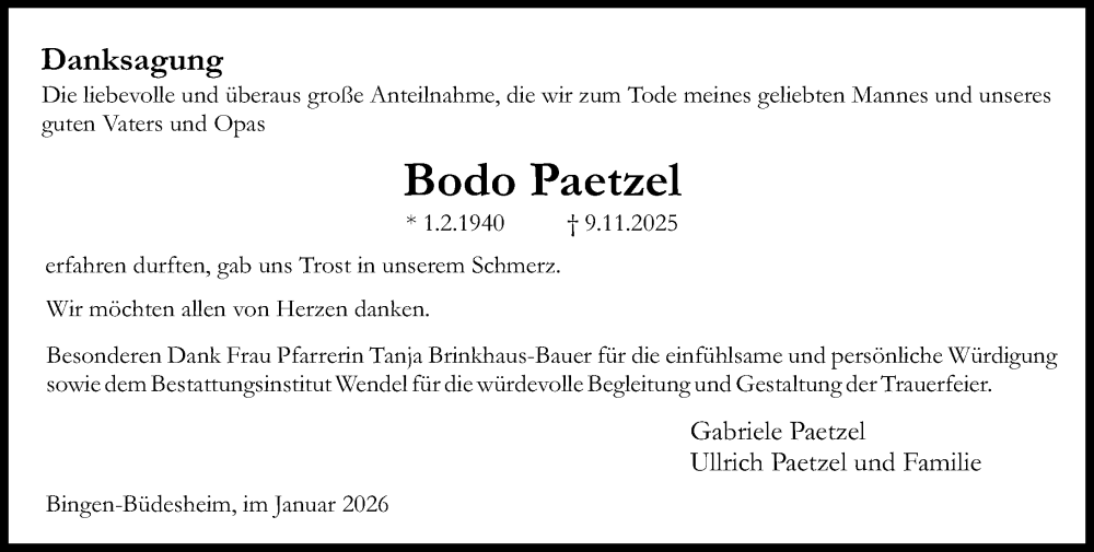  Traueranzeige für Bodo Paetzel vom 24.01.2026 aus Allgemeine Zeitung Rheinhessen-Nahe