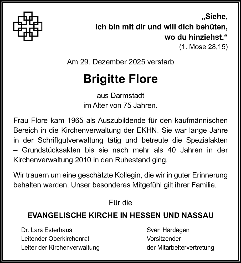  Traueranzeige für Brigitte Flore vom 10.01.2026 aus Darmstädter Echo