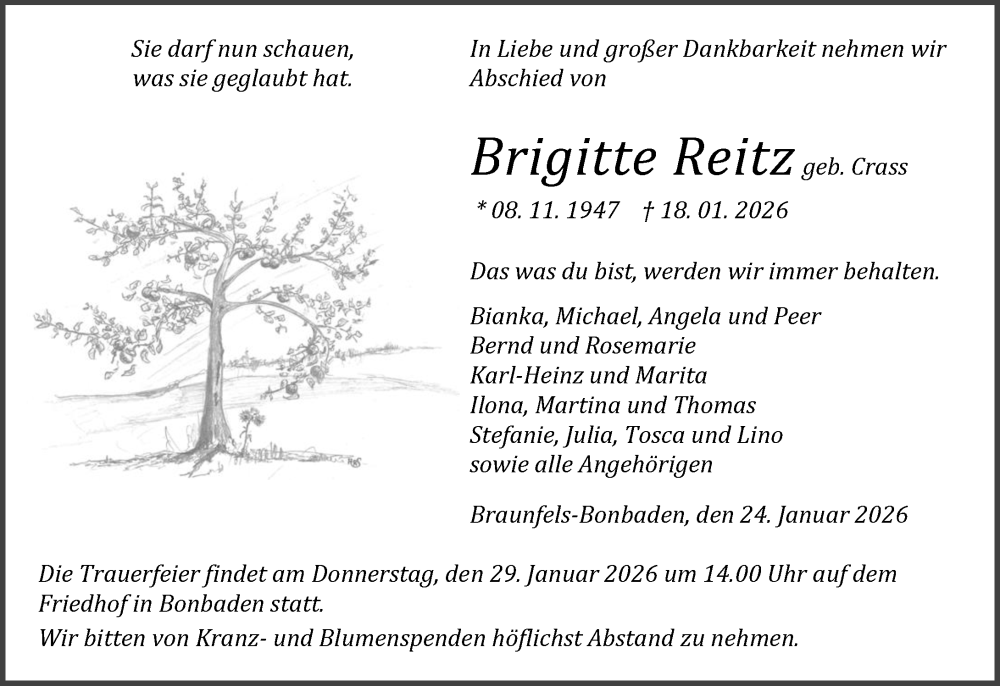  Traueranzeige für Brigitte Reitz vom 24.01.2026 aus Wetzlarer Neue Zeitung
