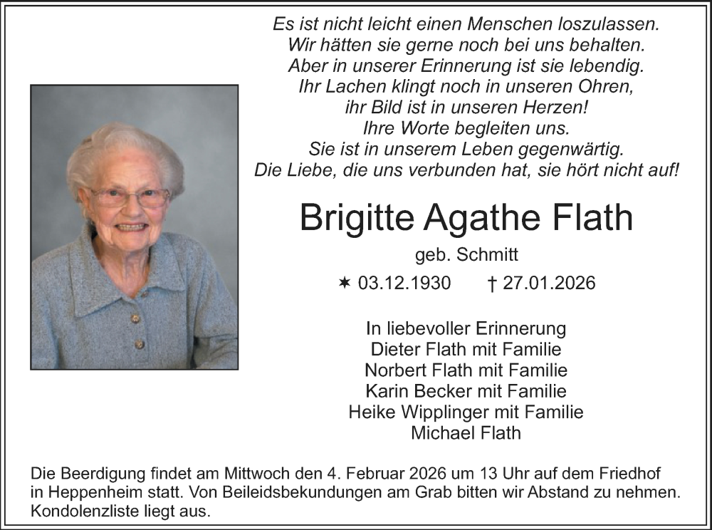 Traueranzeige für Brigitte Agathe Flath vom 31.01.2026 aus Starkenburger Echo