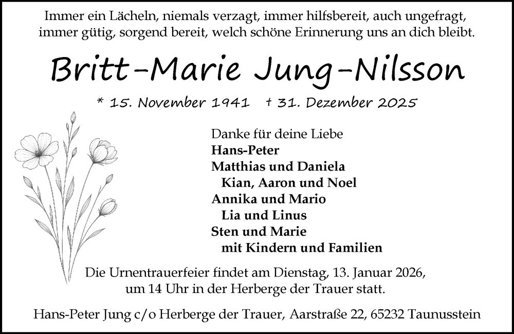  Traueranzeige für Britt-Marie Jung-Nilsson vom 10.01.2026 aus Idsteiner Land/Untertaunus