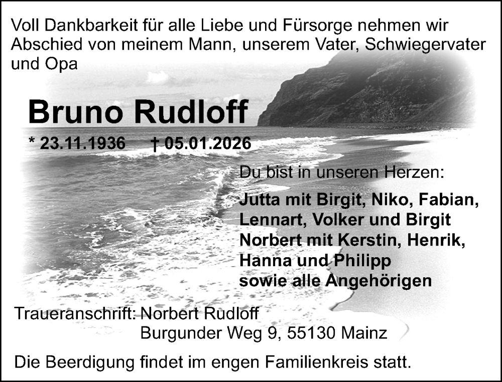  Traueranzeige für Bruno Rudloff vom 17.01.2026 aus Allgemeine Zeitung Mainz