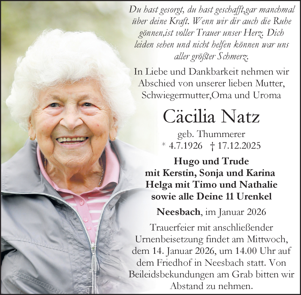  Traueranzeige für Cäcilia Natz vom 08.01.2026 aus Camberger Anzeiger