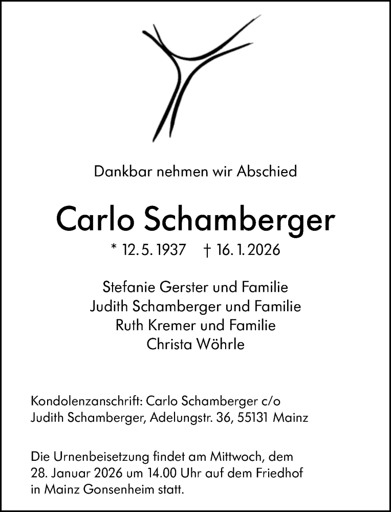  Traueranzeige für Carlo Schamberger vom 24.01.2026 aus Allgemeine Zeitung Mainz