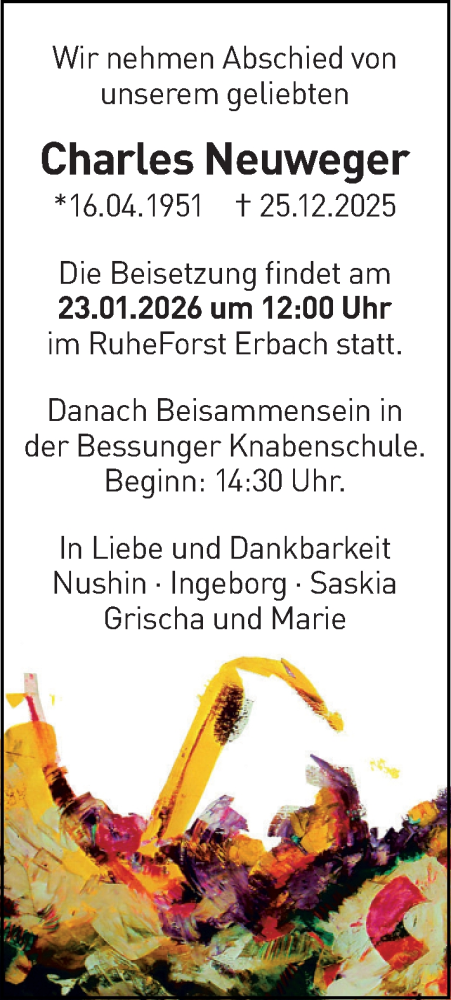  Traueranzeige für Charles Neuweger vom 17.01.2026 aus Darmstädter Echo
