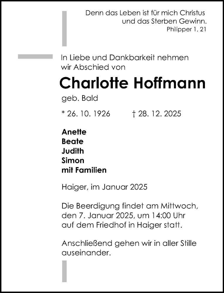  Traueranzeige für Charlotte Hoffmann vom 03.01.2026 aus Dill Block